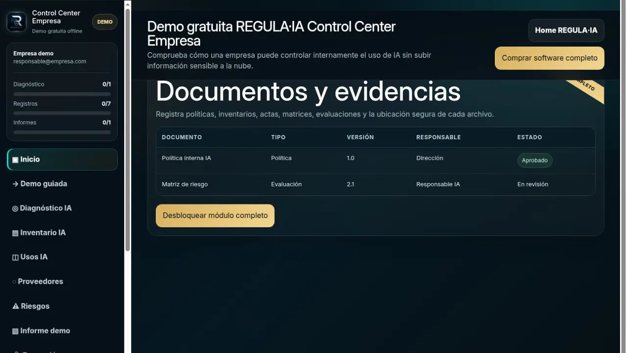 Vista real de documentos, informes y trazabilidad interna en REGULA·IA Control Center