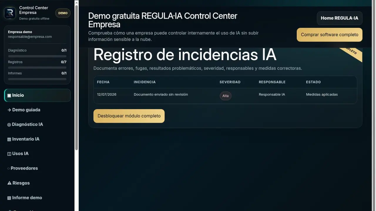 Vista real de riesgos, responsables y medidas de control en REGULA·IA Control Center